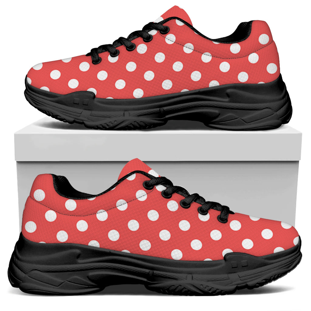 Pastel Red And White Polka Dot Print Black Chunky Shoes