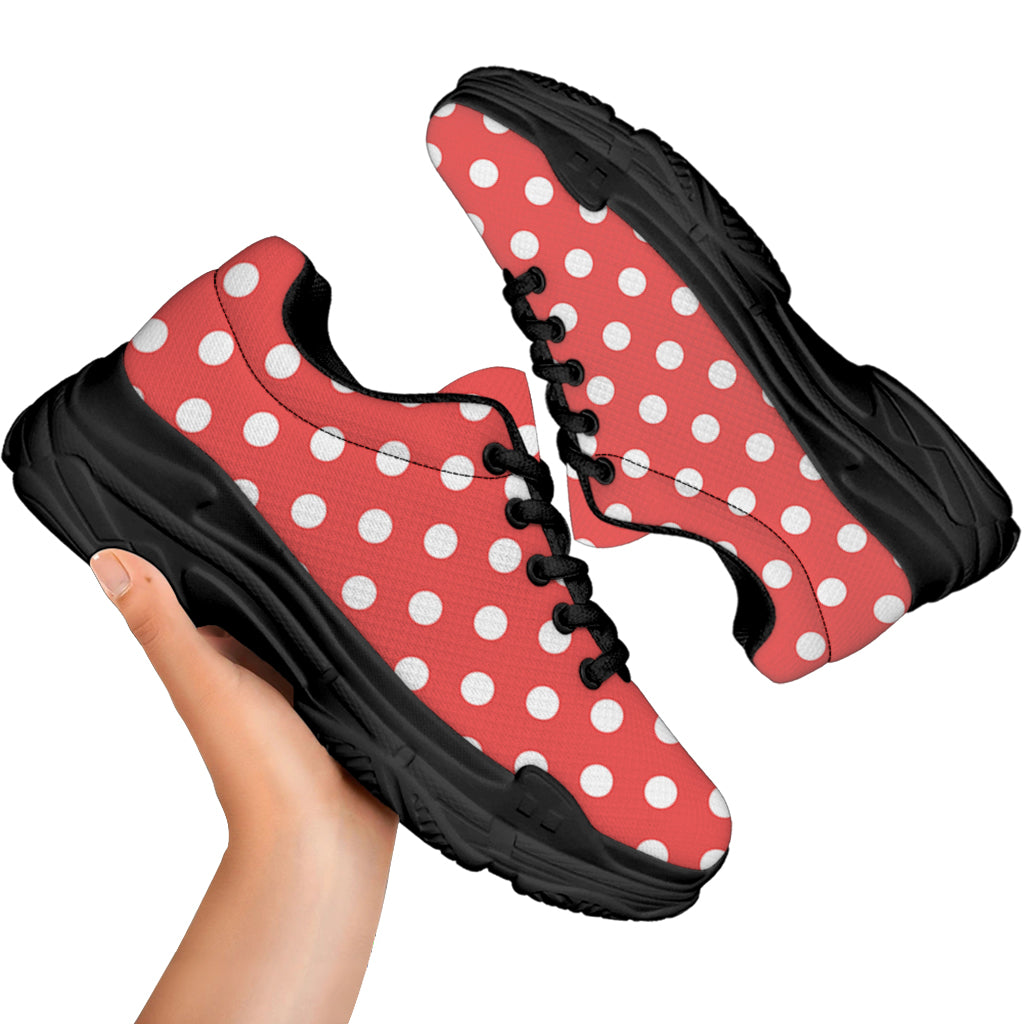 Pastel Red And White Polka Dot Print Black Chunky Shoes