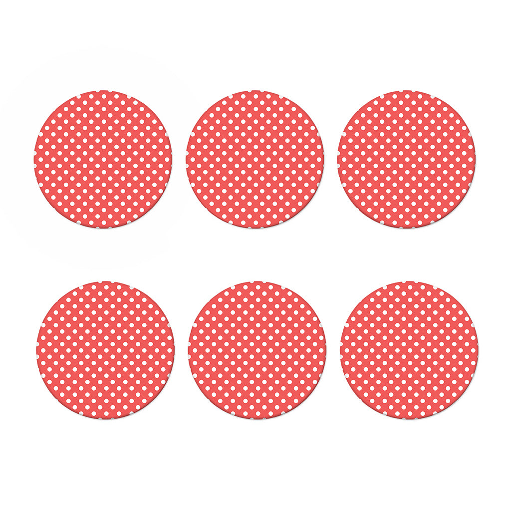 Pastel Red And White Polka Dot Print Coaster Set
