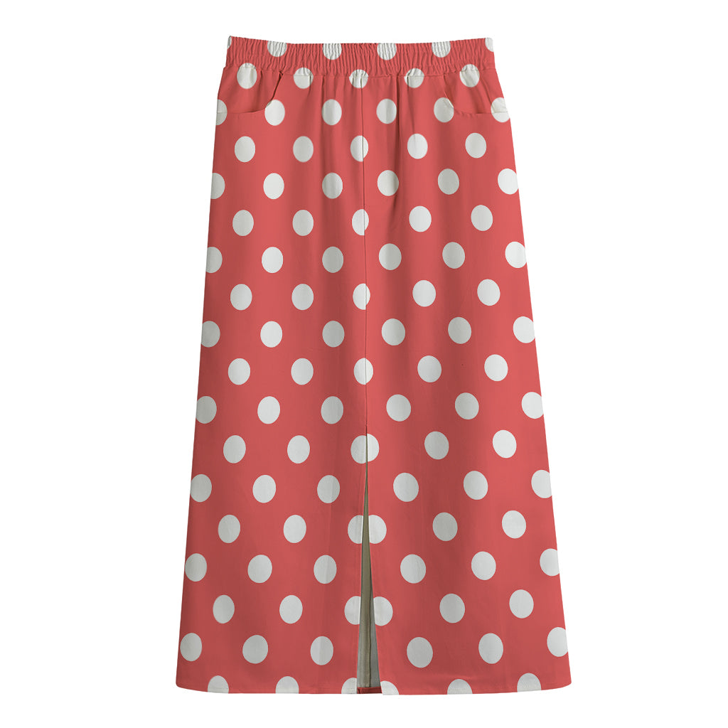 Pastel Red And White Polka Dot Print Cotton Front Slit Maxi Skirt