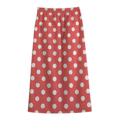 Pastel Red And White Polka Dot Print Cotton Front Slit Maxi Skirt