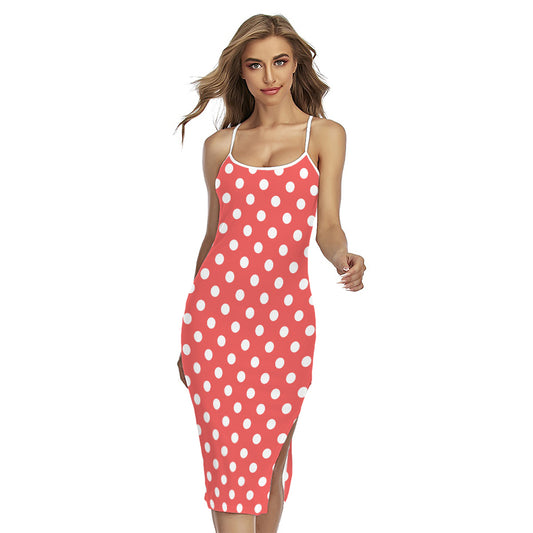 Pastel Red And White Polka Dot Print Cross Back Cami Dress