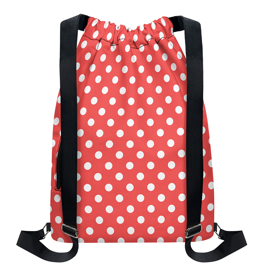 Pastel Red And White Polka Dot Print Drawstring Backpack