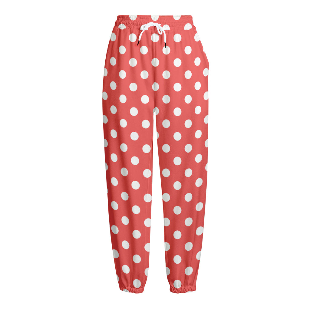 Pastel Red And White Polka Dot Print Fleece Lined Knit Pants