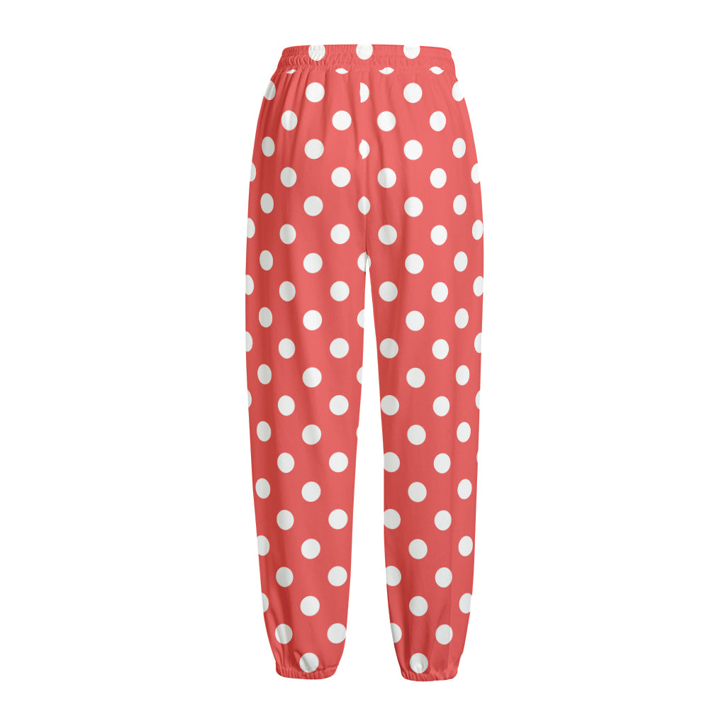 Pastel Red And White Polka Dot Print Fleece Lined Knit Pants