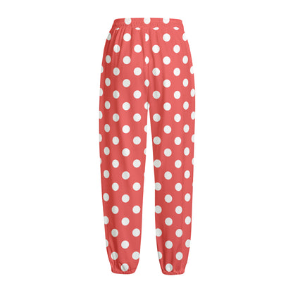 Pastel Red And White Polka Dot Print Fleece Lined Knit Pants