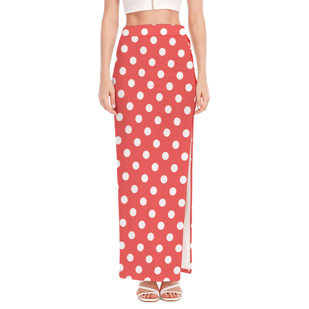 Pastel Red And White Polka Dot Print High Slit Maxi Skirt