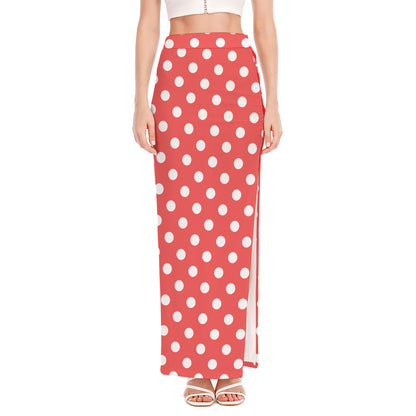 Pastel Red And White Polka Dot Print High Slit Maxi Skirt