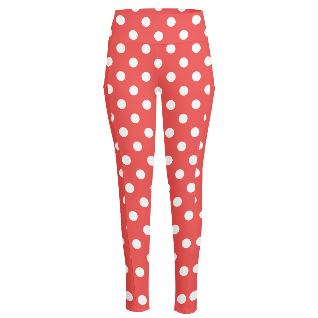 Pastel Red And White Polka Dot Print High-Waisted Pocket Leggings
