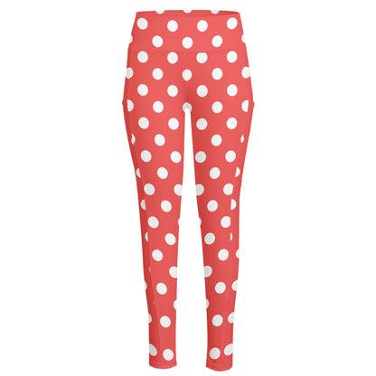 Pastel Red And White Polka Dot Print High-Waisted Pocket Leggings