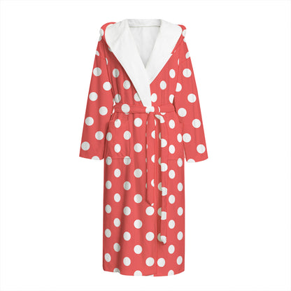 Pastel Red And White Polka Dot Print Hooded Bathrobe