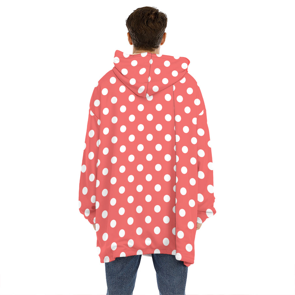 Pastel Red And White Polka Dot Print Hoodie Blanket
