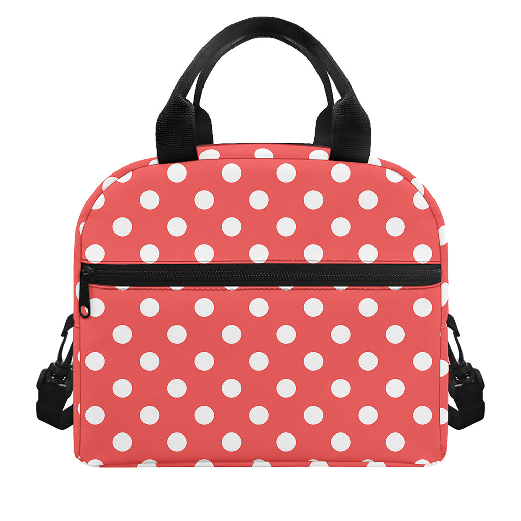 Pastel Red And White Polka Dot Print Insulated Lunch Bag