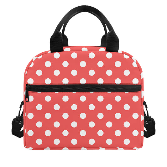 Pastel Red And White Polka Dot Print Insulated Lunch Bag