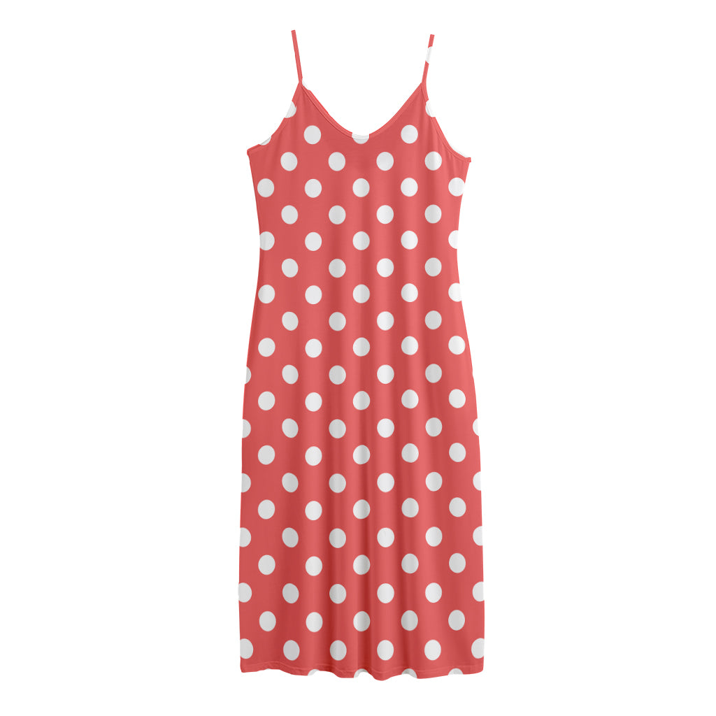 Pastel Red And White Polka Dot Print Jersey Midi Cami Dress