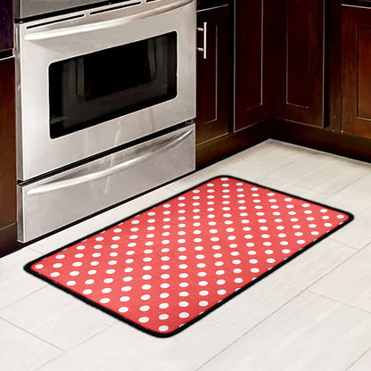 Pastel Red And White Polka Dot Print Kitchen Mat