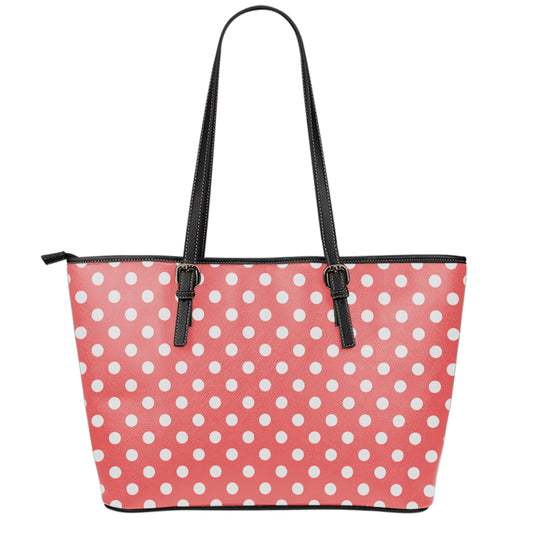 Pastel Red And White Polka Dot Print Leather Tote Bag