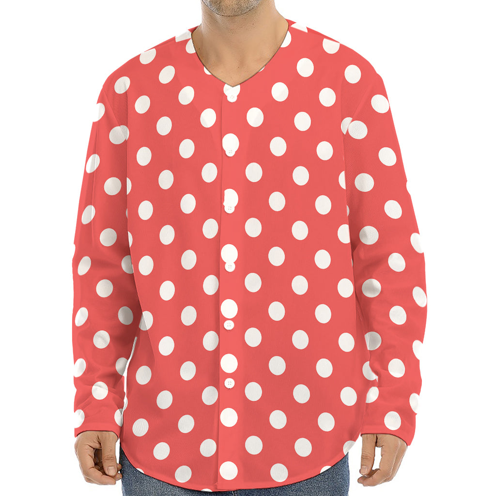 Pastel Red And White Polka Dot Print Long Sleeve Baseball Jersey