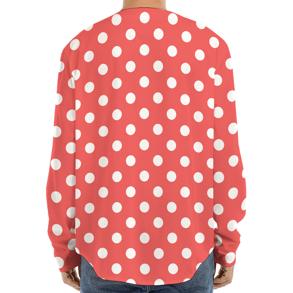 Pastel Red And White Polka Dot Print Long Sleeve Baseball Jersey