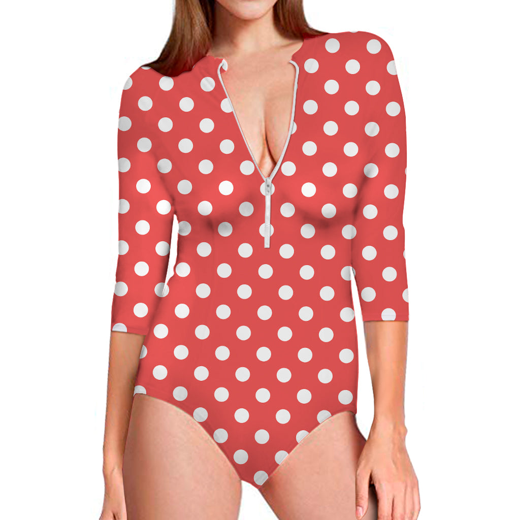 Pastel Red And White Polka Dot Print Long Sleeve Swimsuit