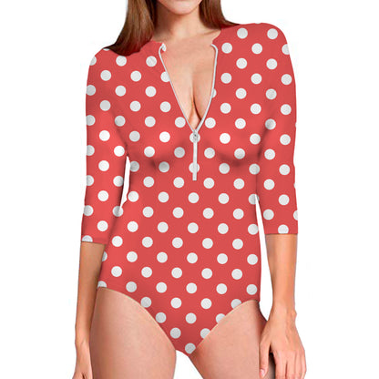 Pastel Red And White Polka Dot Print Long Sleeve Swimsuit