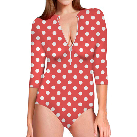 Pastel Red And White Polka Dot Print Long Sleeve Swimsuit