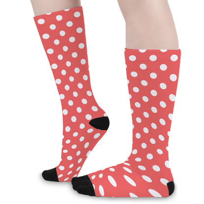 Pastel Red And White Polka Dot Print Long Socks