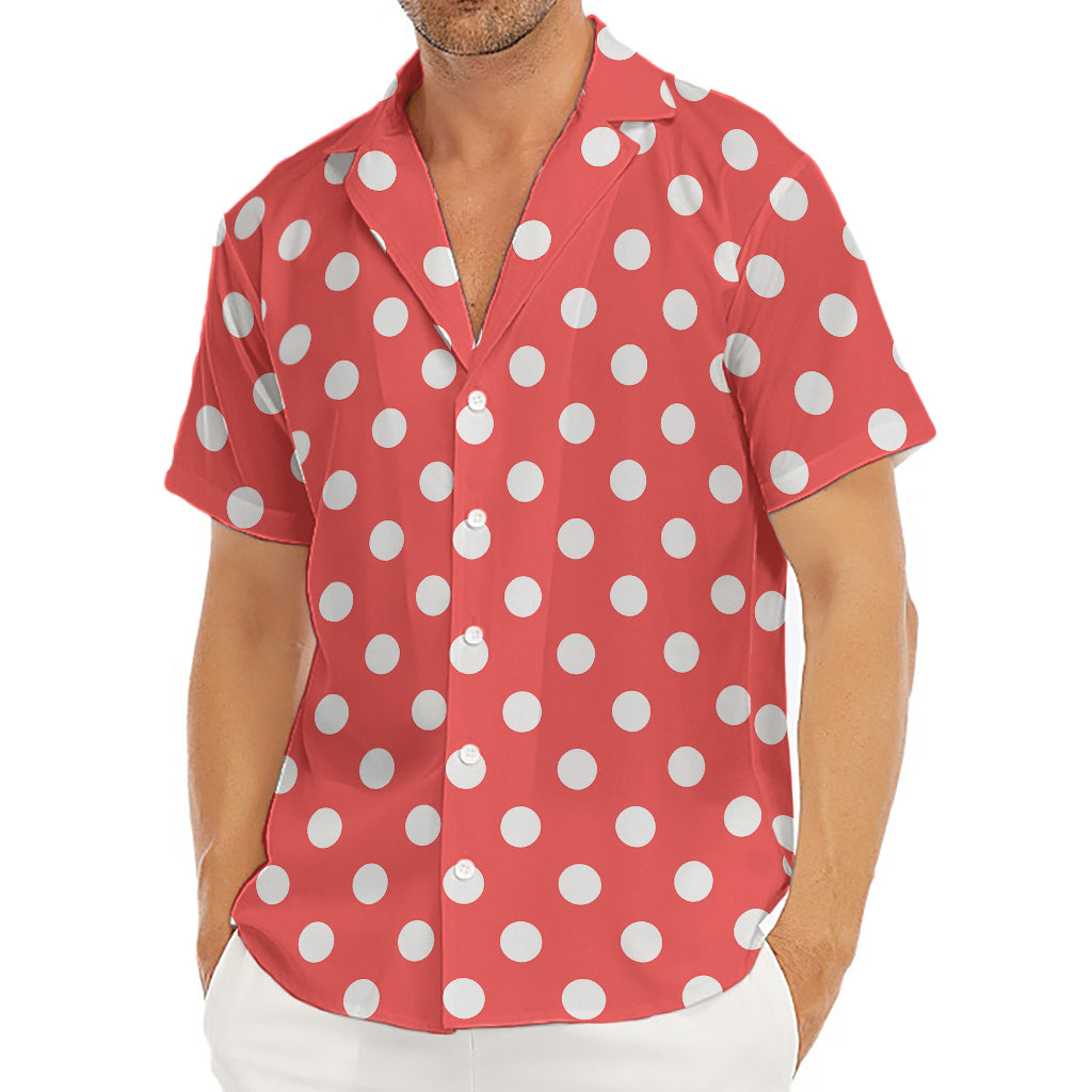 Pastel Red And White Polka Dot Print Men's Deep V-Neck Shirt