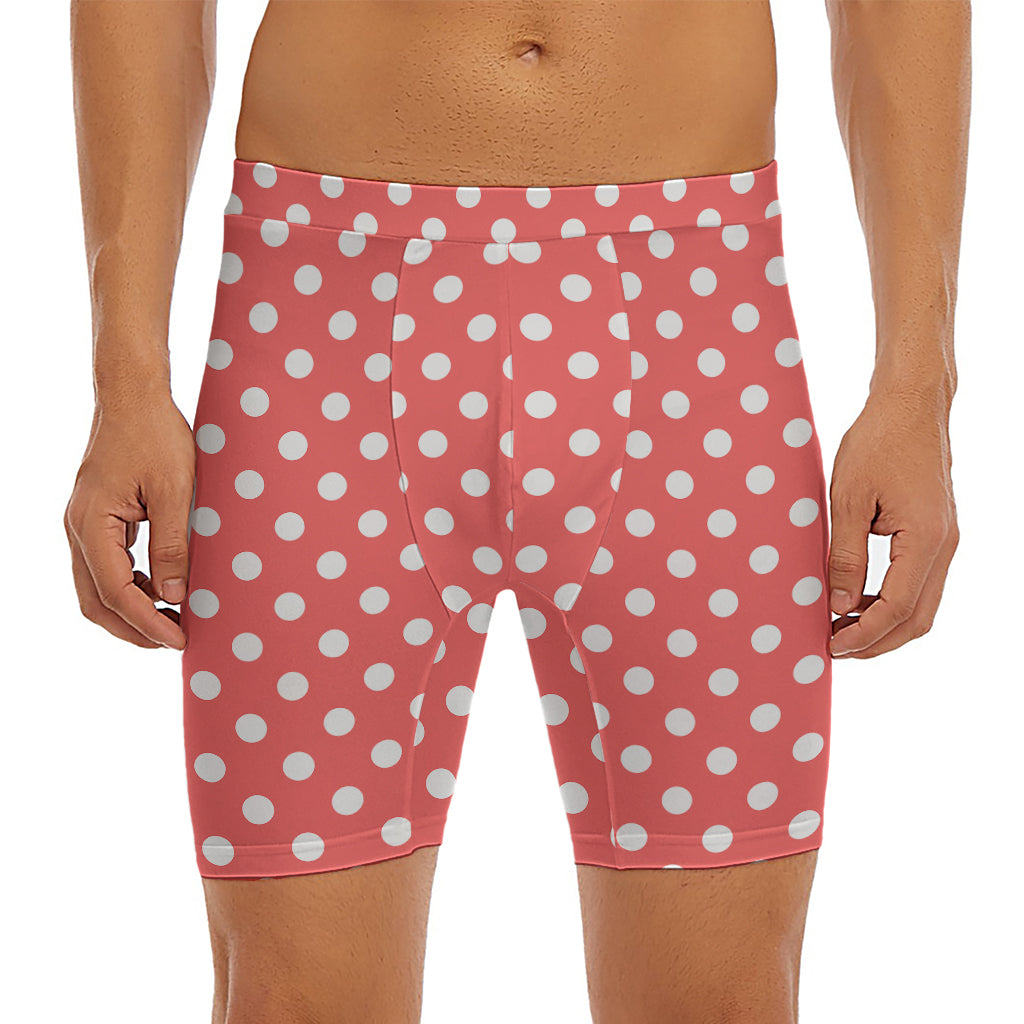 Pastel Red And White Polka Dot Print Men's Long Boxer Briefs