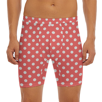 Pastel Red And White Polka Dot Print Men's Long Boxer Briefs