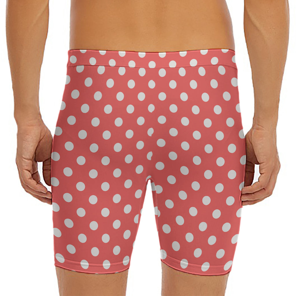 Pastel Red And White Polka Dot Print Men's Long Boxer Briefs