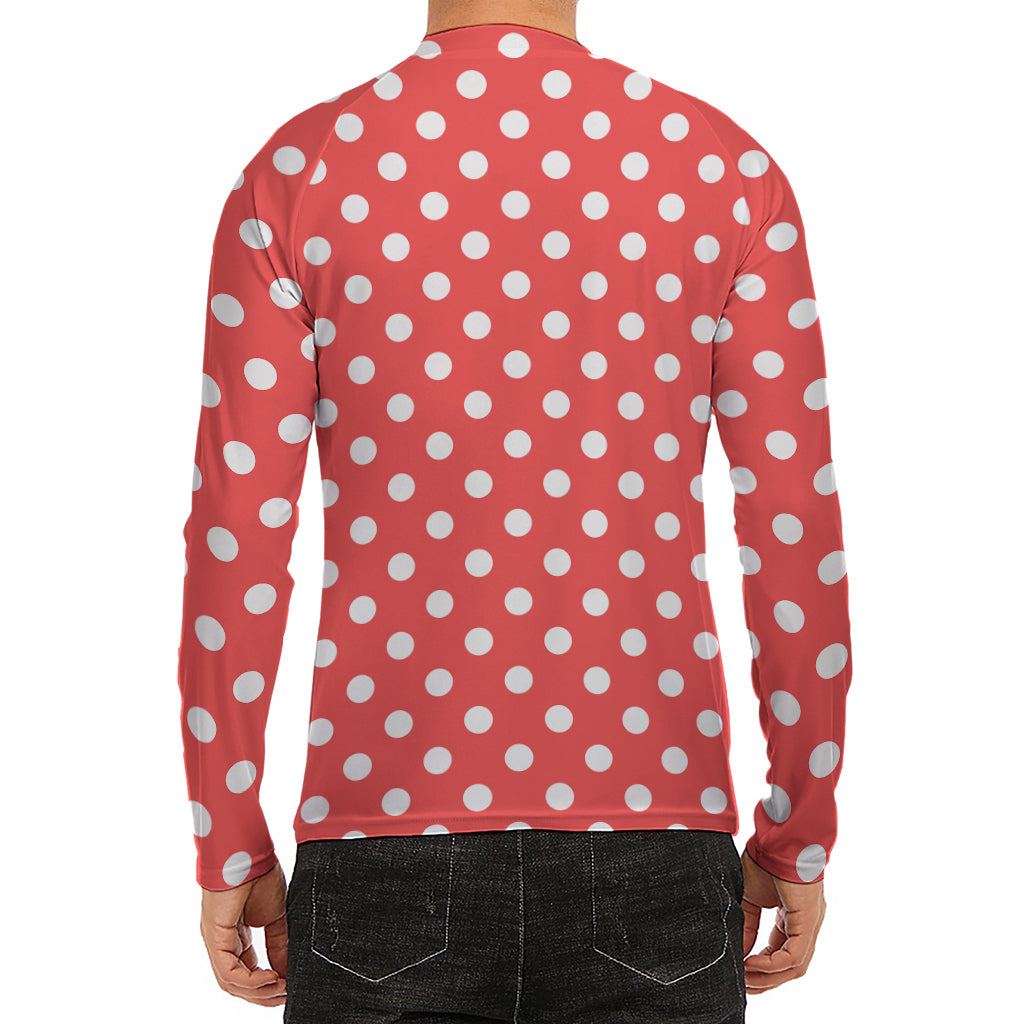 Pastel Red And White Polka Dot Print Men's Long Sleeve Rash Guard