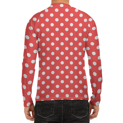 Pastel Red And White Polka Dot Print Men's Long Sleeve Rash Guard