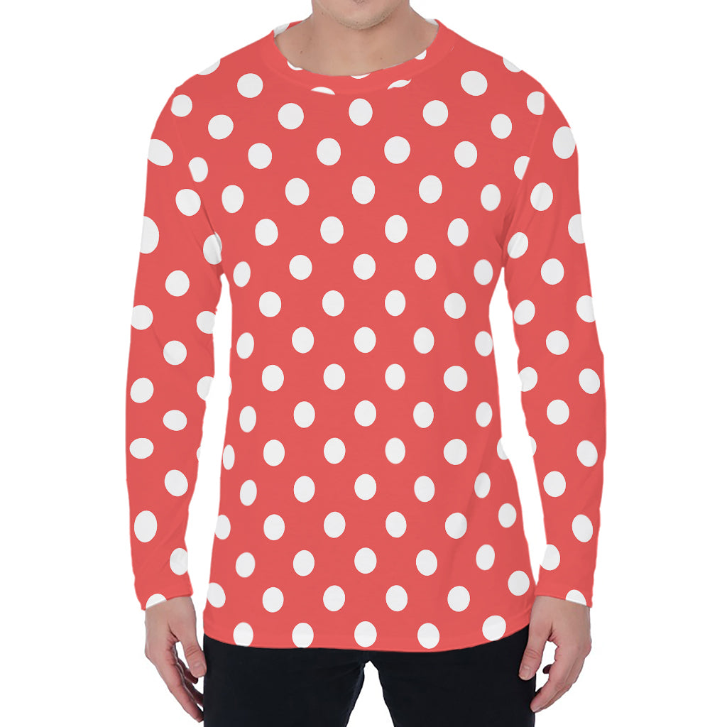 Pastel Red And White Polka Dot Print Men's Long Sleeve T-Shirt