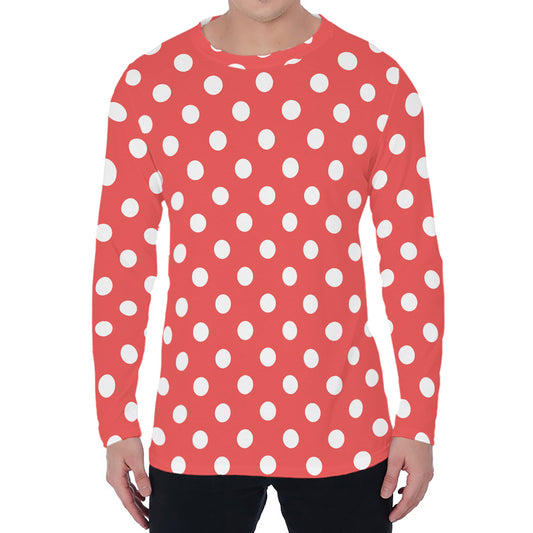 Pastel Red And White Polka Dot Print Men's Long Sleeve T-Shirt