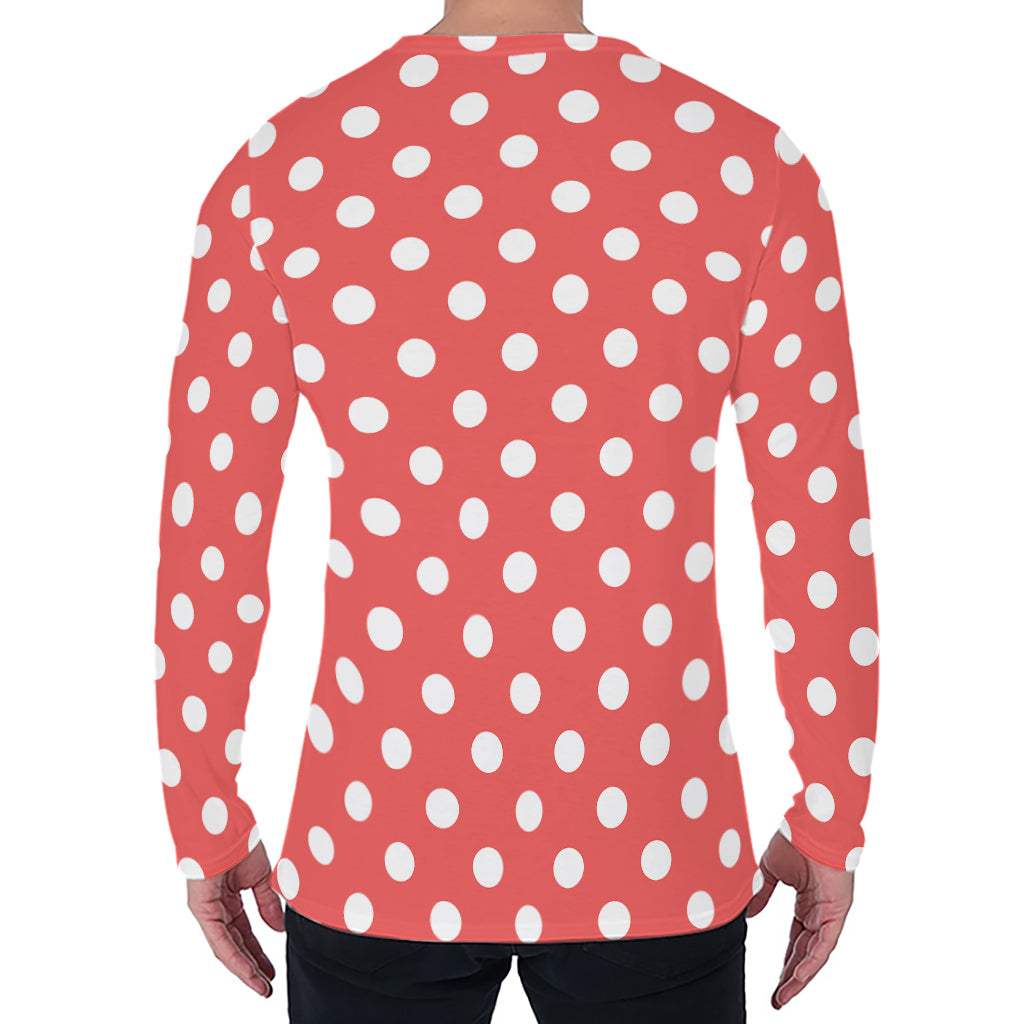 Pastel Red And White Polka Dot Print Men's Long Sleeve T-Shirt