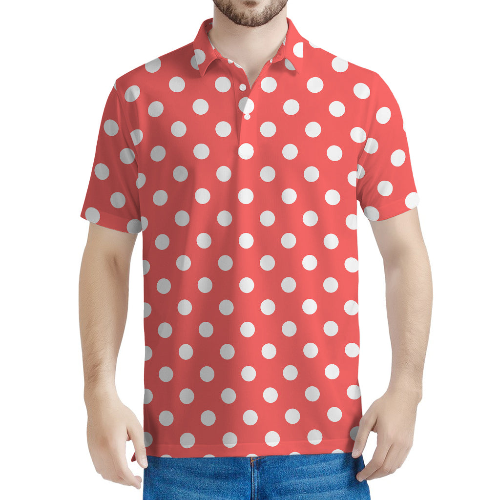 Pastel Red And White Polka Dot Print Men's Polo Shirt