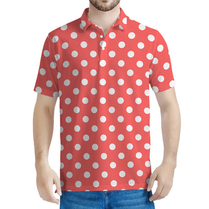 Pastel Red And White Polka Dot Print Men's Polo Shirt