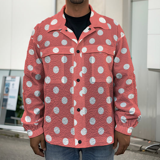 Pastel Red And White Polka Dot Print Men's Shirt Jacket