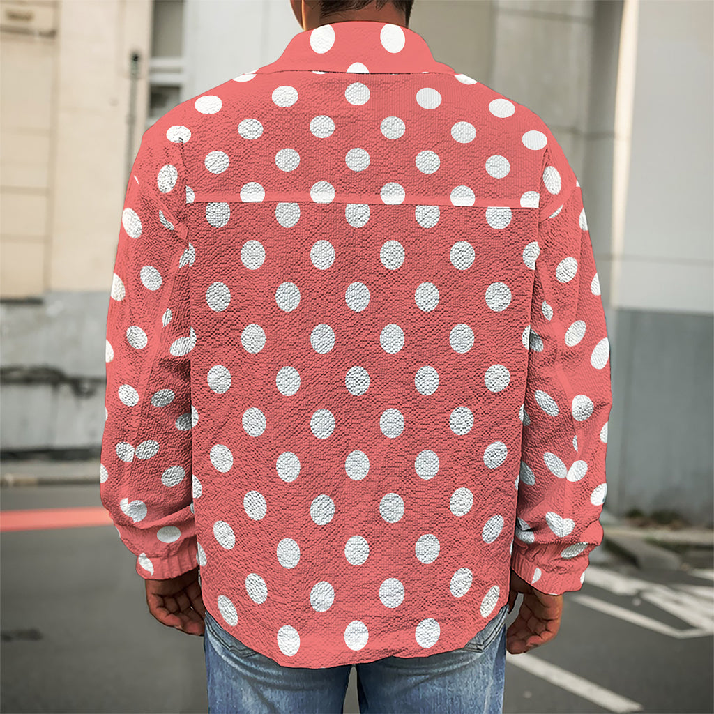 Pastel Red And White Polka Dot Print Men's Shirt Jacket