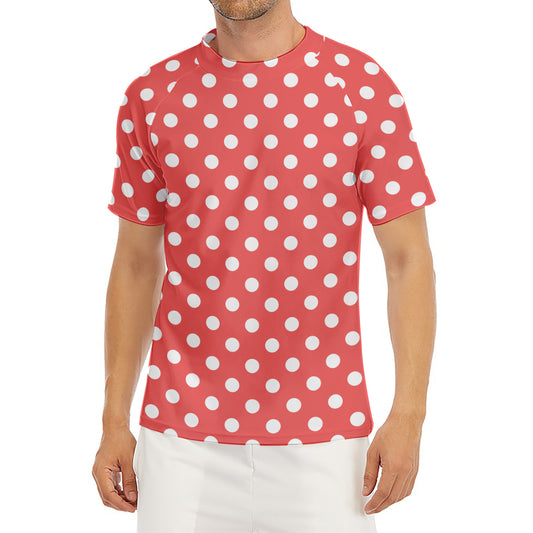 Pastel Red And White Polka Dot Print Men's Short Sleeve Rash Guard