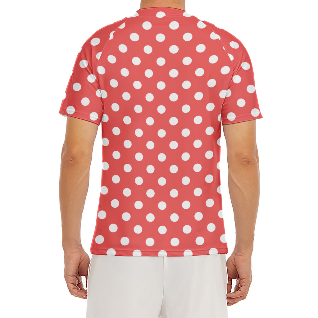 Pastel Red And White Polka Dot Print Men's Short Sleeve Rash Guard
