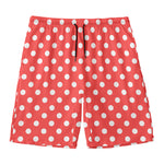 Pastel Red And White Polka Dot Print Men's Swim Trunks
