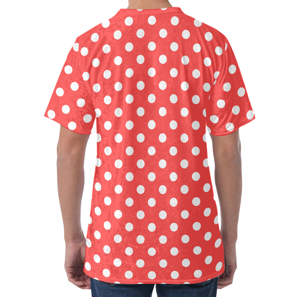 Pastel Red And White Polka Dot Print Men's Velvet T-Shirt