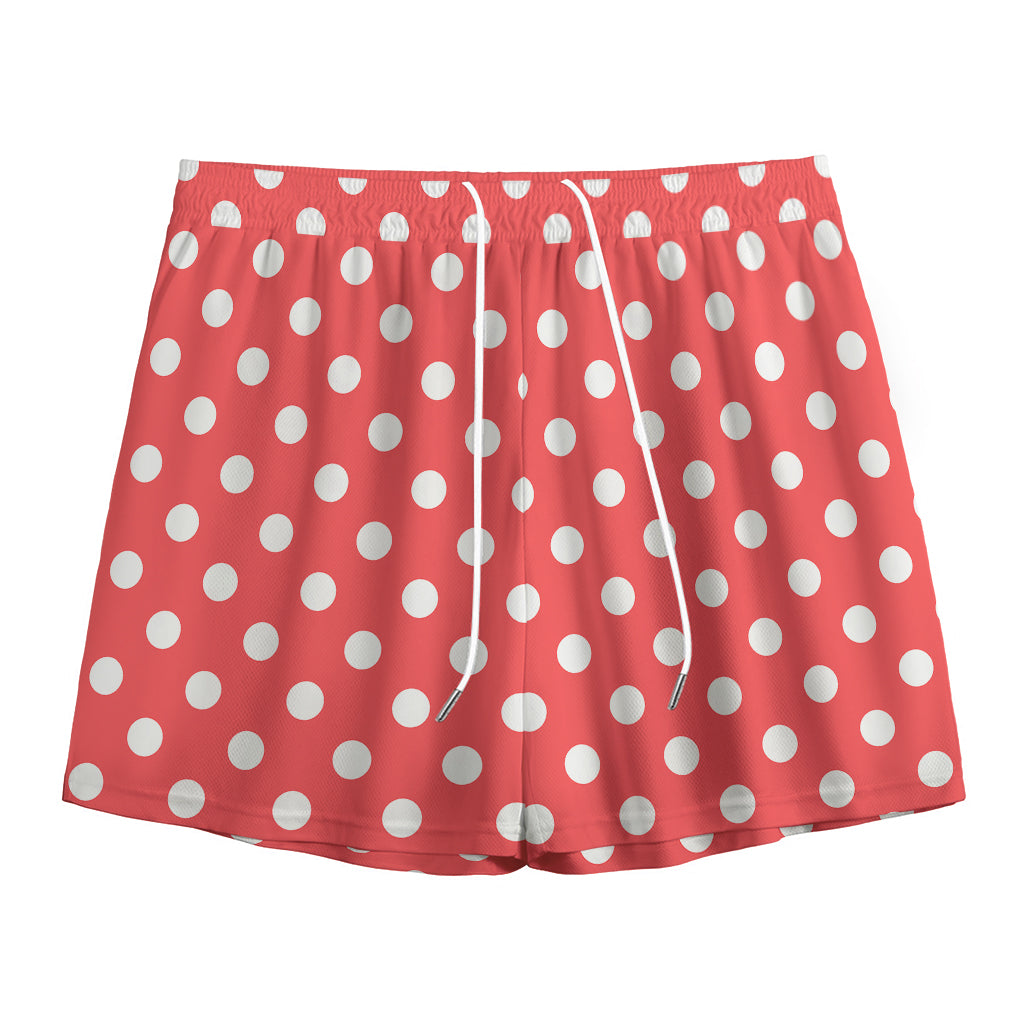 Pastel Red And White Polka Dot Print Mesh Shorts