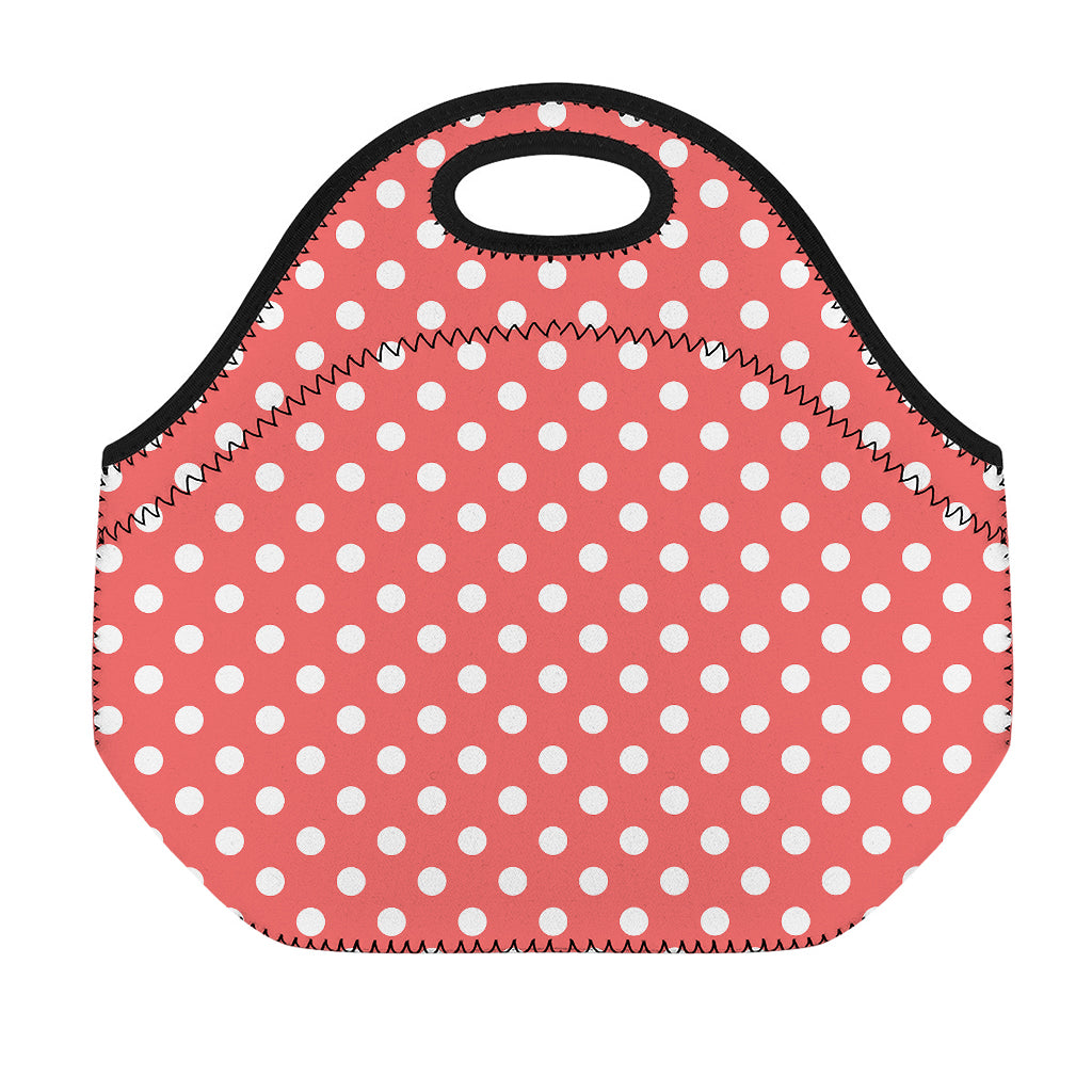 Pastel Red And White Polka Dot Print Neoprene Lunch Bag