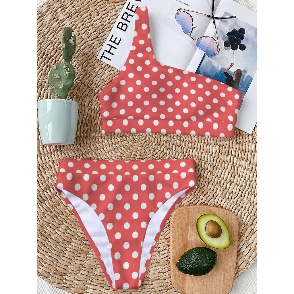 Pastel Red And White Polka Dot Print One Shoulder Bikini Top