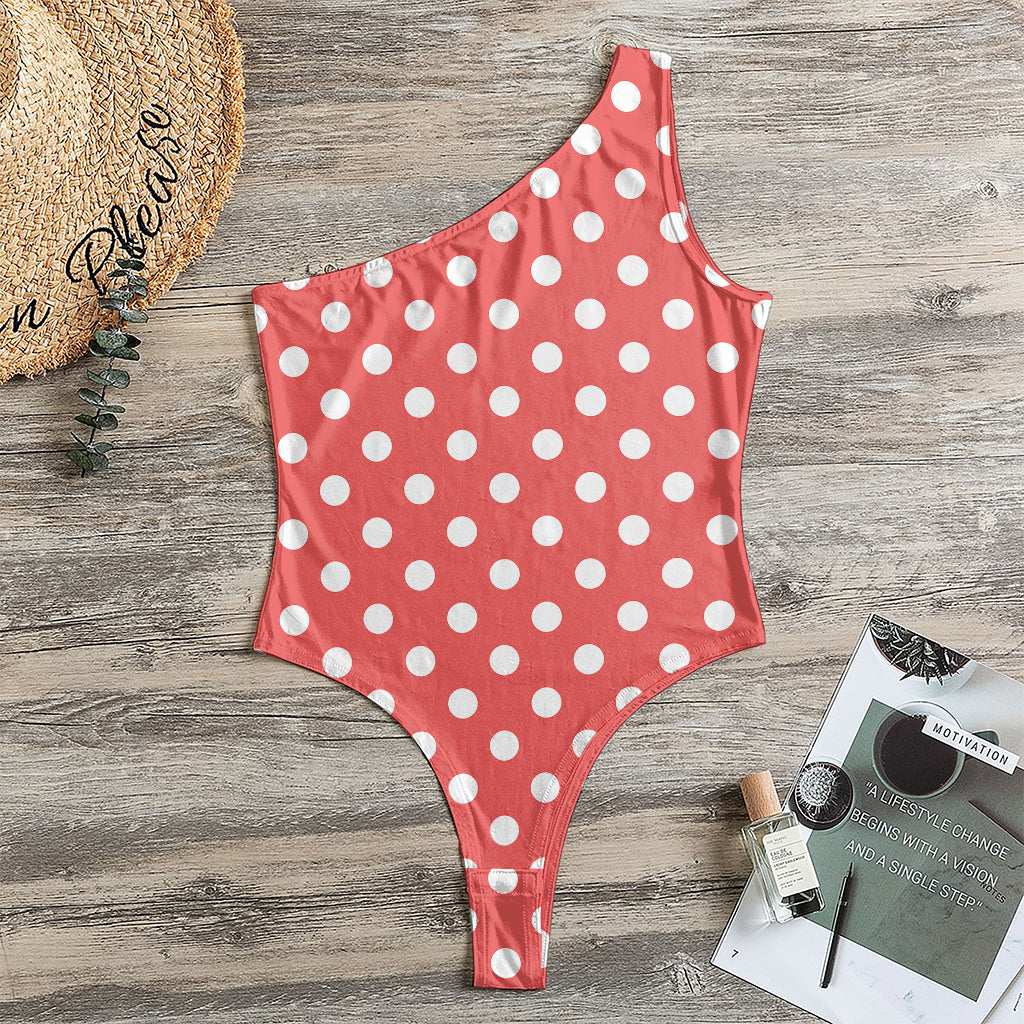 Pastel Red And White Polka Dot Print One Shoulder Bodysuit
