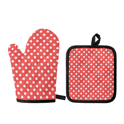 Pastel Red And White Polka Dot Print Oven Mitt And Pot Holder Set