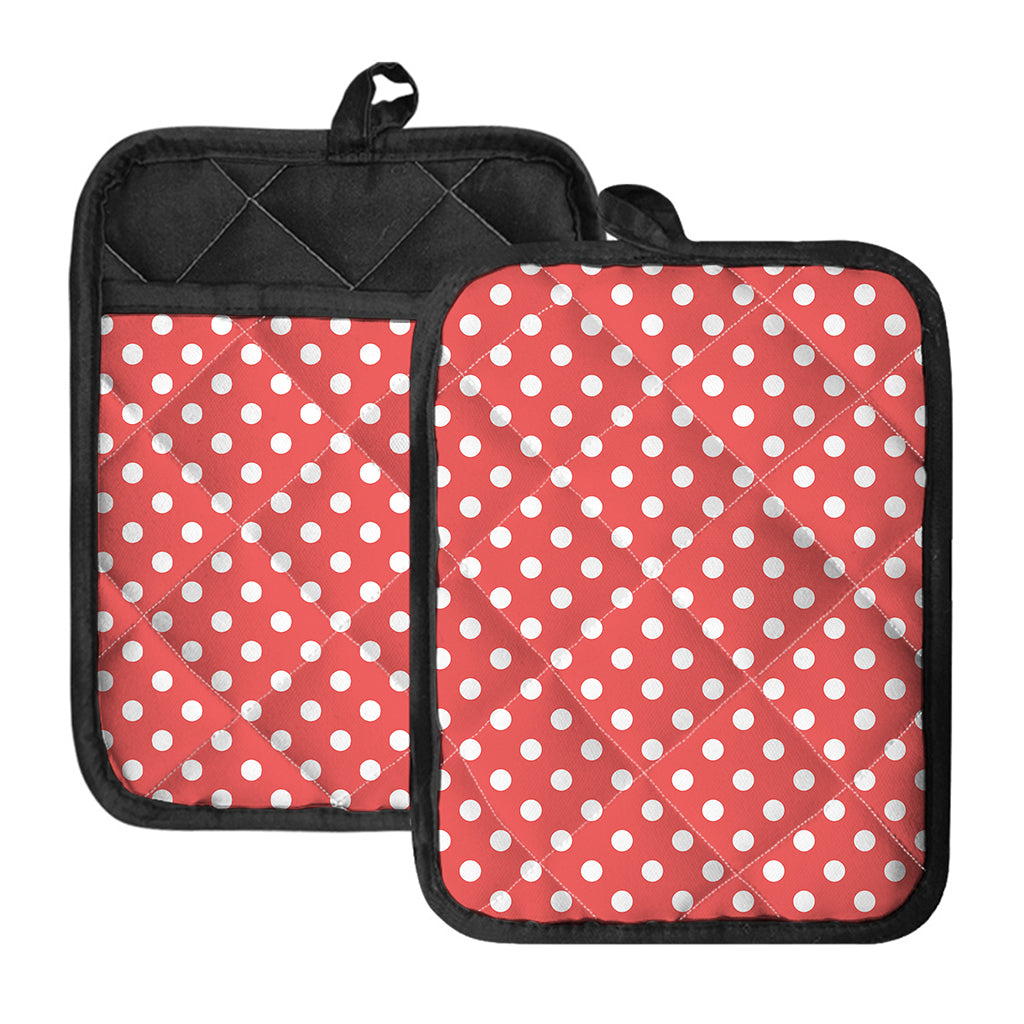 Pastel Red And White Polka Dot Print Pot Holders With Pocket